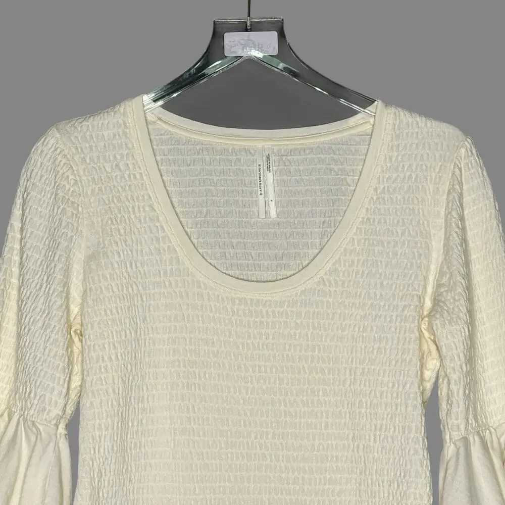 Anthropologie S Womens Smocked Bell Sleeve Top Scoop Neck Classic Cream